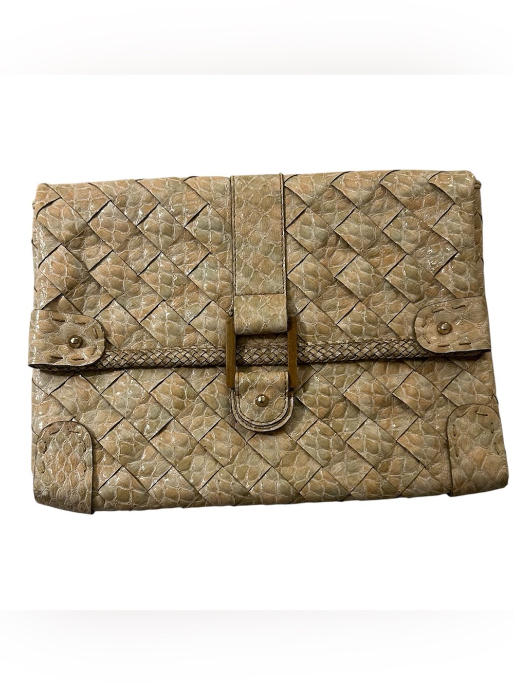 Jessica Simpson Woven Faux Snakeskin Clutch Oversized Envelope Neutral Y2K
